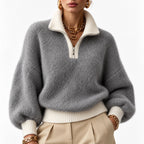 Women's Fluffy Half-Zip Jumper Contrast Trim Relaxed Fit