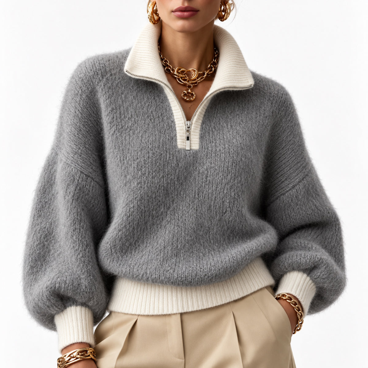 Women's Fluffy Half-Zip Jumper Contrast Trim Relaxed Fit