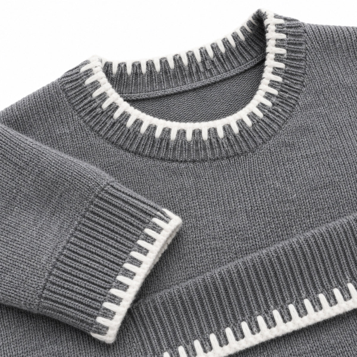 Women's contrast blanket stitch knitted set in Grey - stitch detail