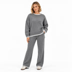 Women's contrast blanket stitch knitted set in Grey - front view