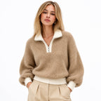Women's Fluffy Half-Zip Jumper Contrast Trim Relaxed Fit