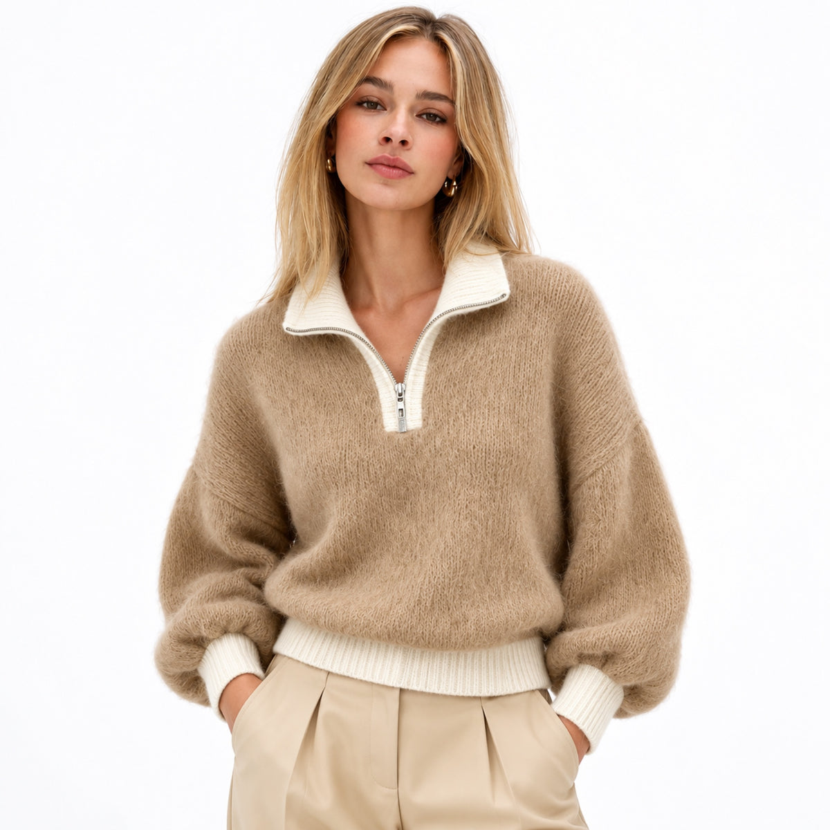 Women's Fluffy Half-Zip Jumper Contrast Trim Relaxed Fit