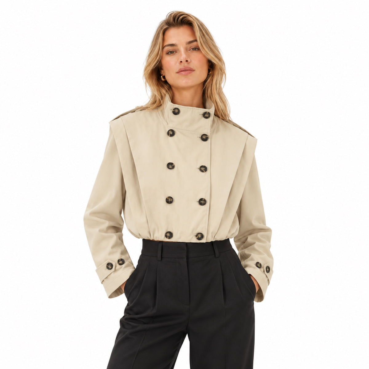 Women's Cropped Trench Jacket Stand Collar Relaxed Fit