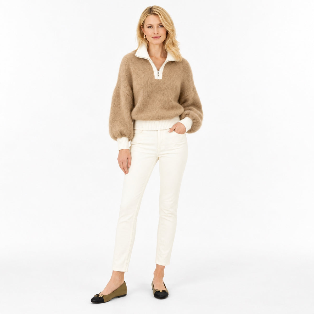 Women's Fluffy Half-Zip Jumper Contrast Trim Relaxed Fit