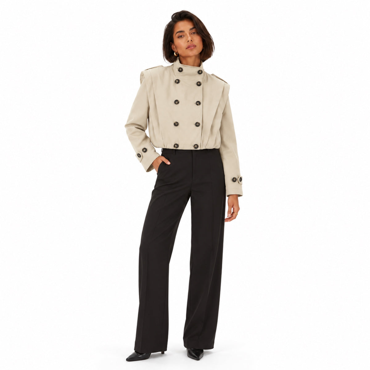 Women's Cropped Trench Jacket Stand Collar Relaxed Fit