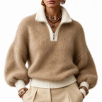 Women's Fluffy Half-Zip Jumper Contrast Trim Relaxed Fit