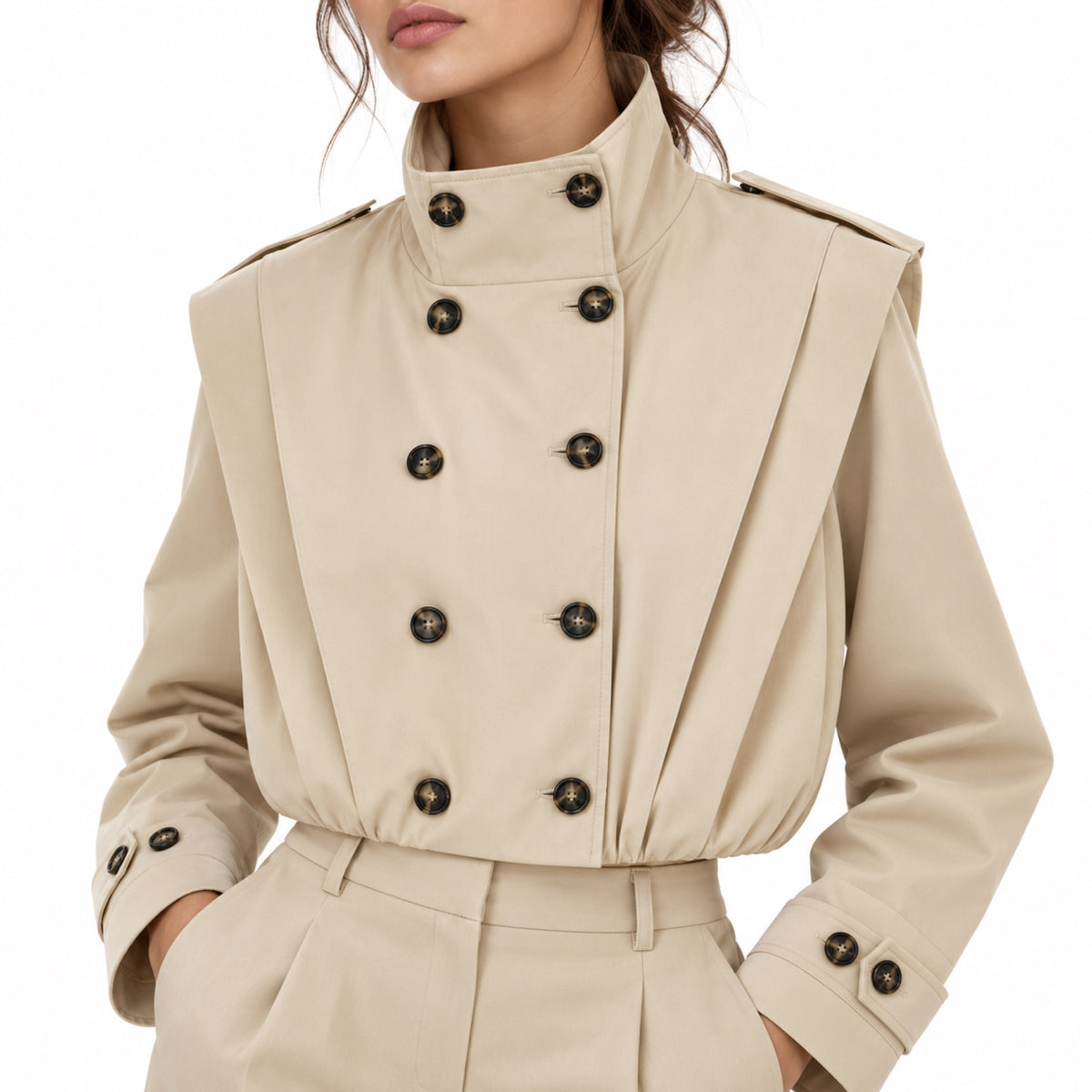 Women's Cropped Trench Jacket Stand Collar Relaxed Fit