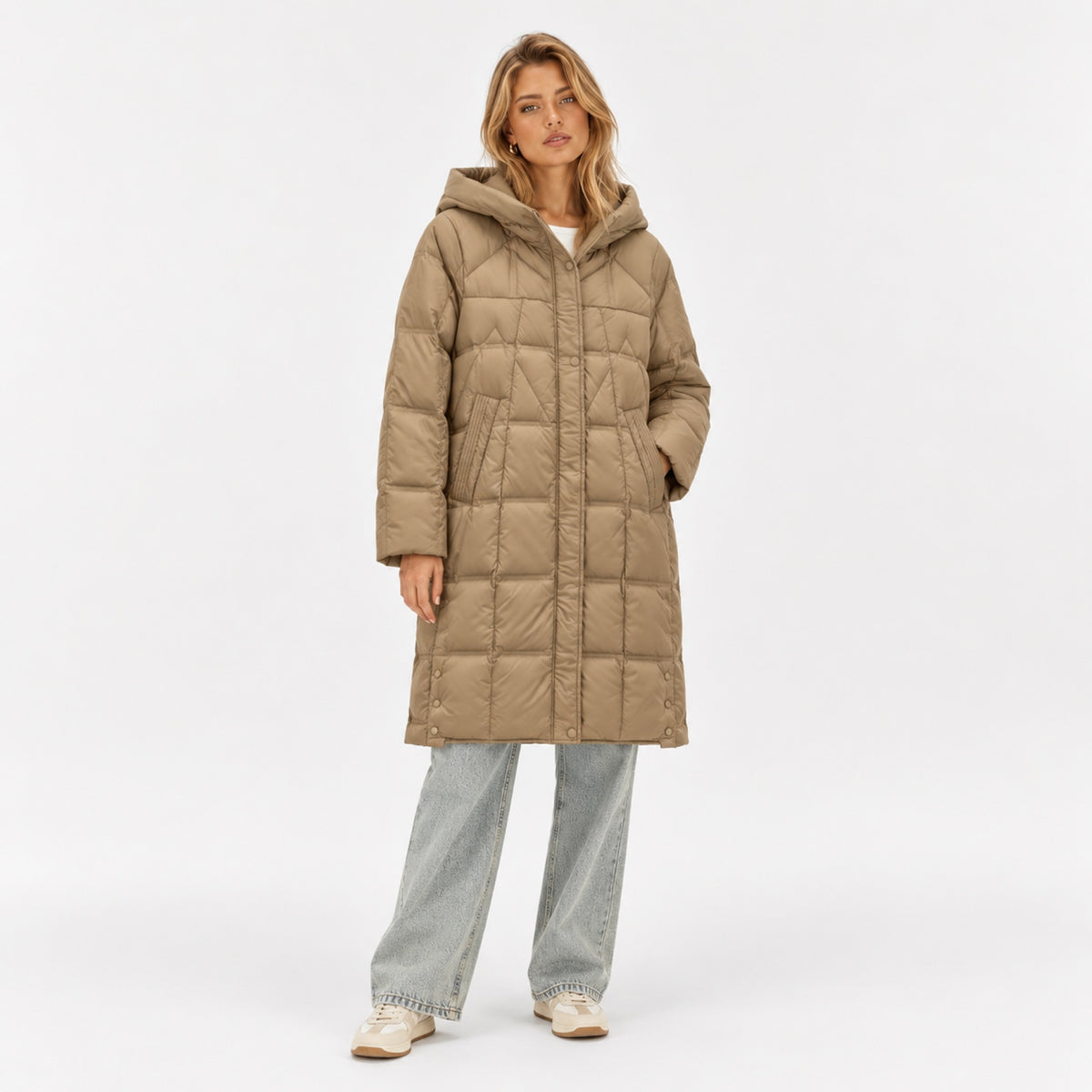 Women’s Longline Puffer Coat Geometric Quilting Hooded