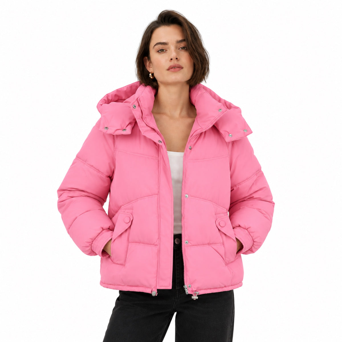 Women's Hooded Puffer Jacket Snap Pockets Relaxed Fit