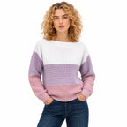 Women's colour block boat neck jumper in Purple - front view