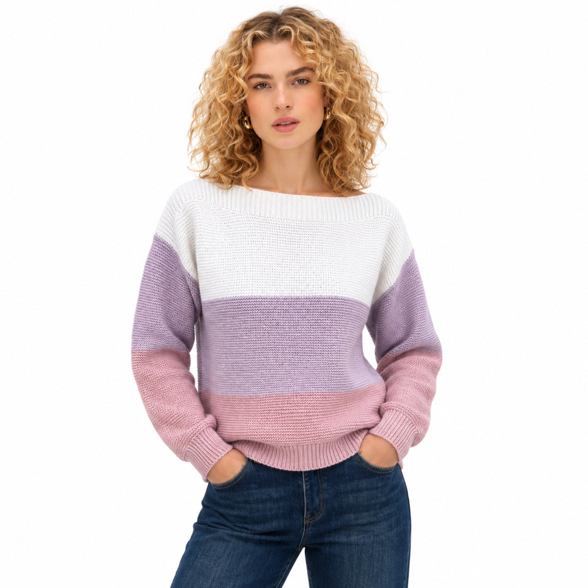Women's colour block boat neck jumper in Purple - front view