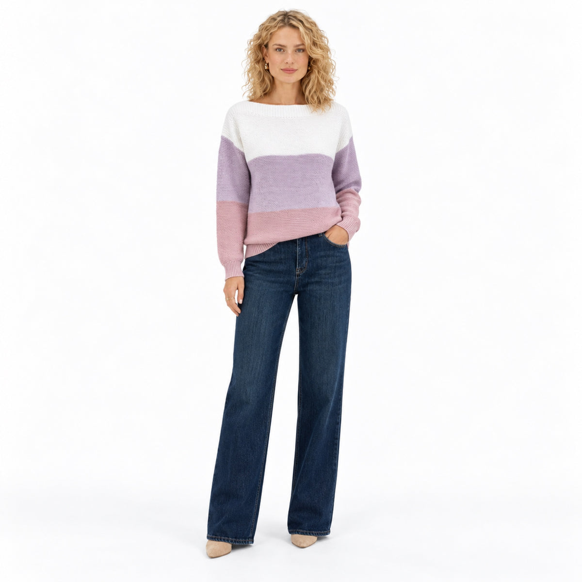 Women's colour block boat neck jumper in Purple - full view