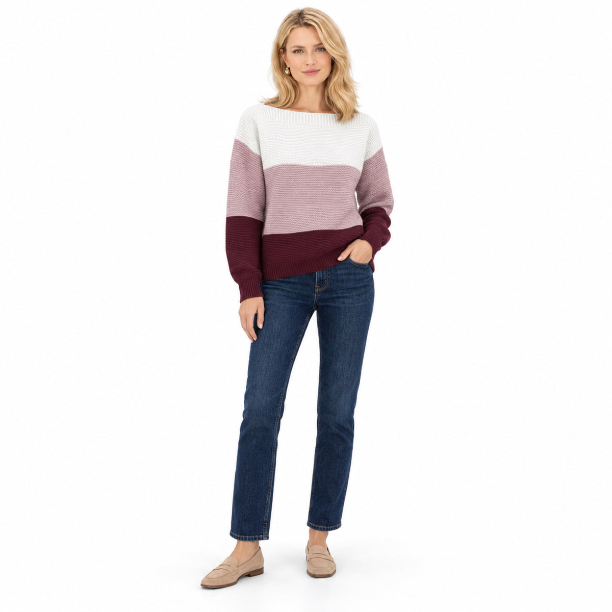 Women's colour block boat neck jumper in Red - full view