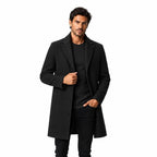 Men's Wool Longline Coat with Front Pockets, Lapel Collar and Button Front — Black — view 1
