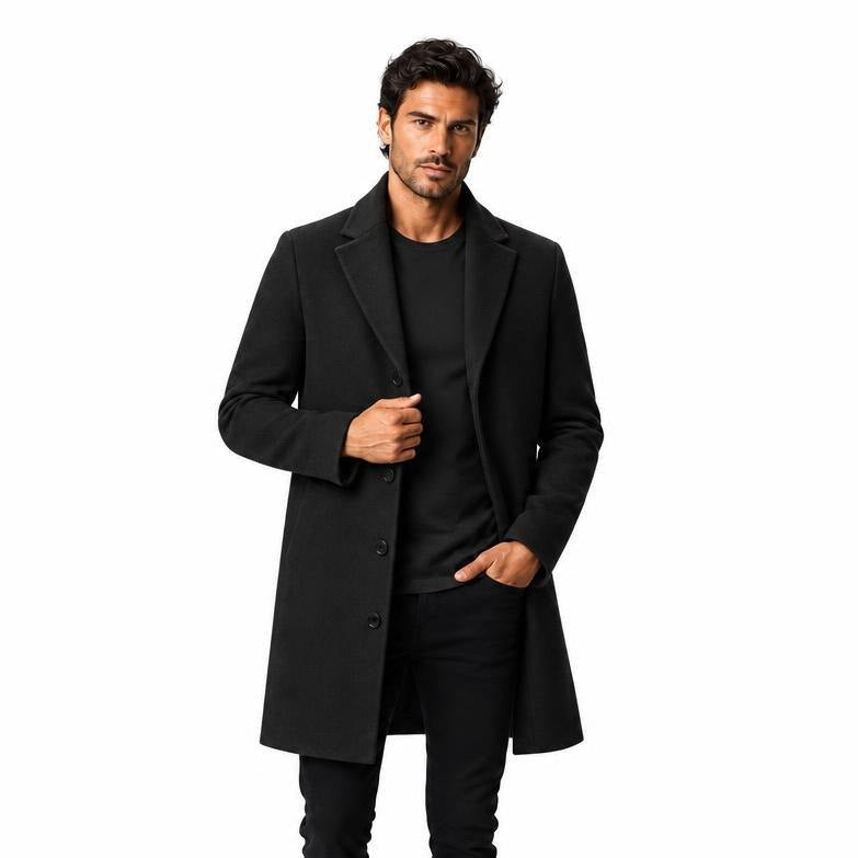 Men's Wool Longline Coat with Front Pockets, Lapel Collar and Button Front — Black — view 1