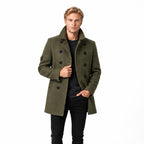 Men's Double-Breasted Coat with Front Pockets, Stand Collar and Lapel Collar — Green — view 1