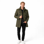 Men's Wool-Textured Pea Coat Double-Breasted with Front Pockets, Stand Collar and Lapel Collar