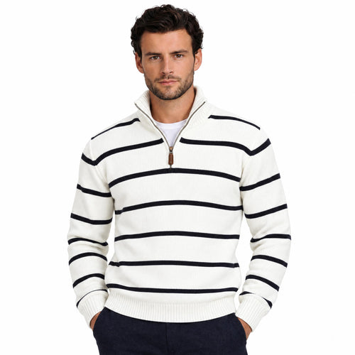 Men's Wool Knit Zip-Up Long Sleeve Jumper with Knitted Sleeves and Stand Collar — White — view 1