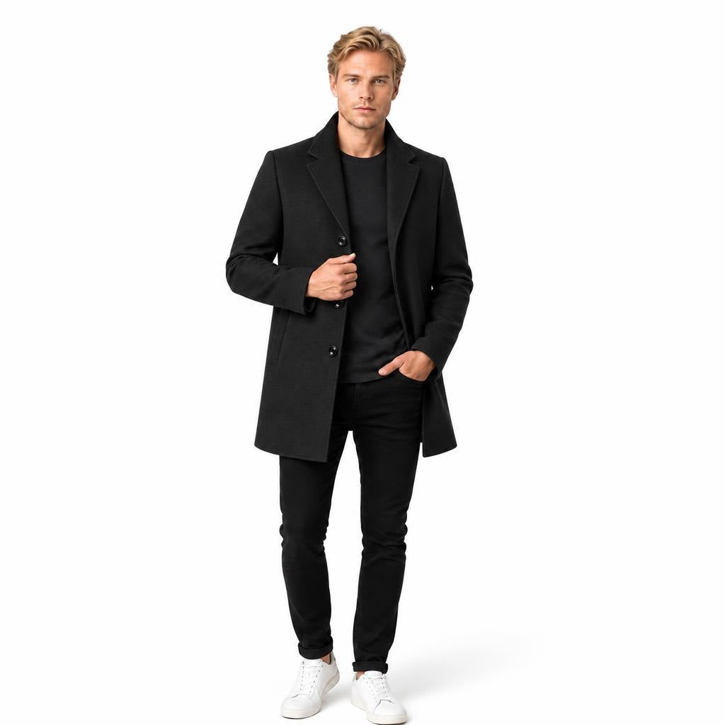 Men's Wool Overcoat Single-Breasted with Front Pockets and Lapel Collar