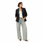 Women's Double-Breasted Jacket with Knitted Sleeves and Lapel Collar — Black — view 1