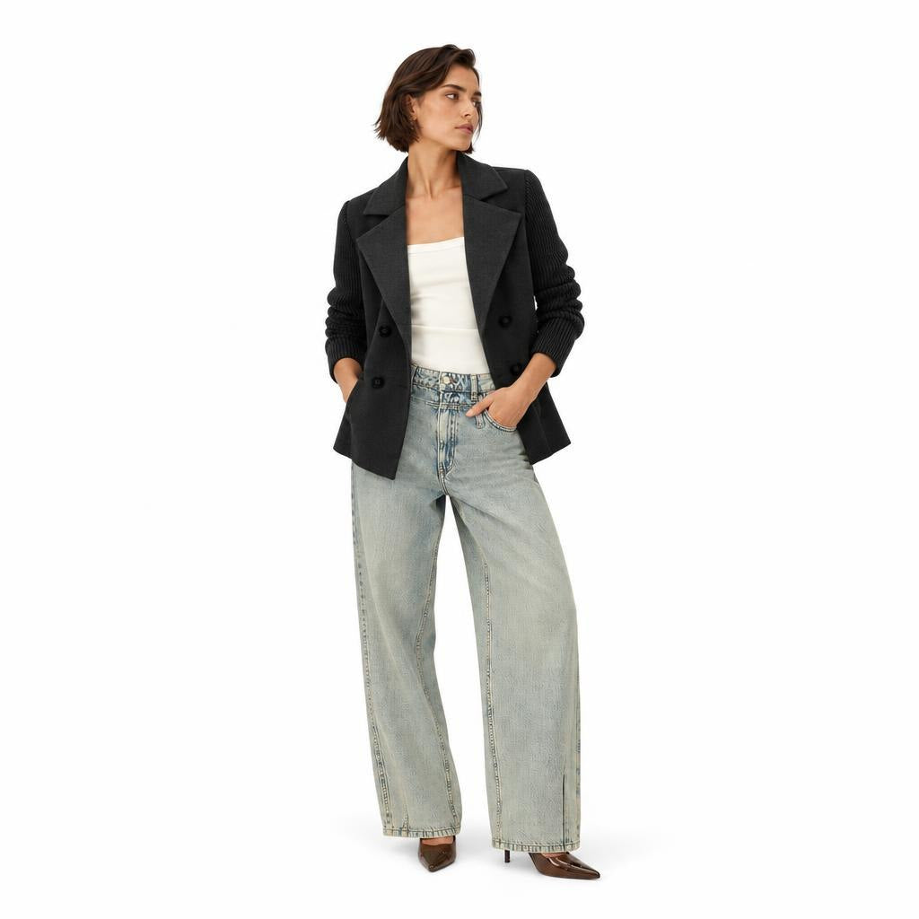 Women's Double-Breasted Jacket with Knitted Sleeves and Lapel Collar — Black — view 1