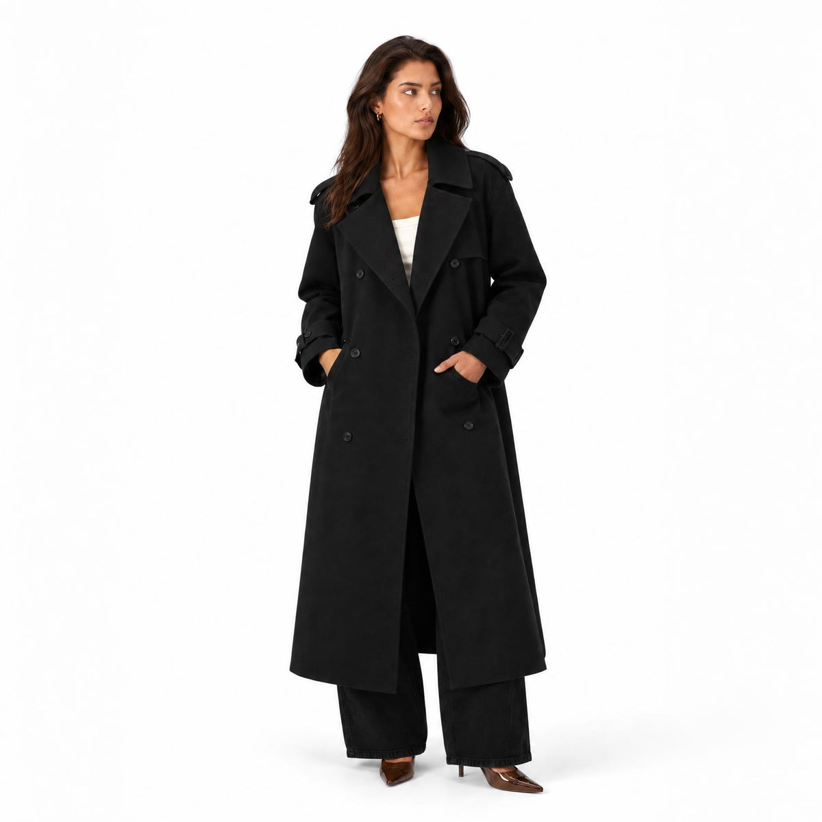 Women's Wool Double-Breasted Overcoat with Lapel Collar — Black Coat — view 1