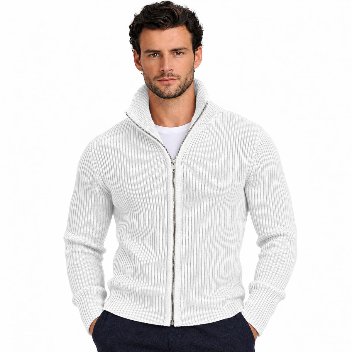 Men's Knit Zip-Up Cardigan with Turtleneck — White — view 1