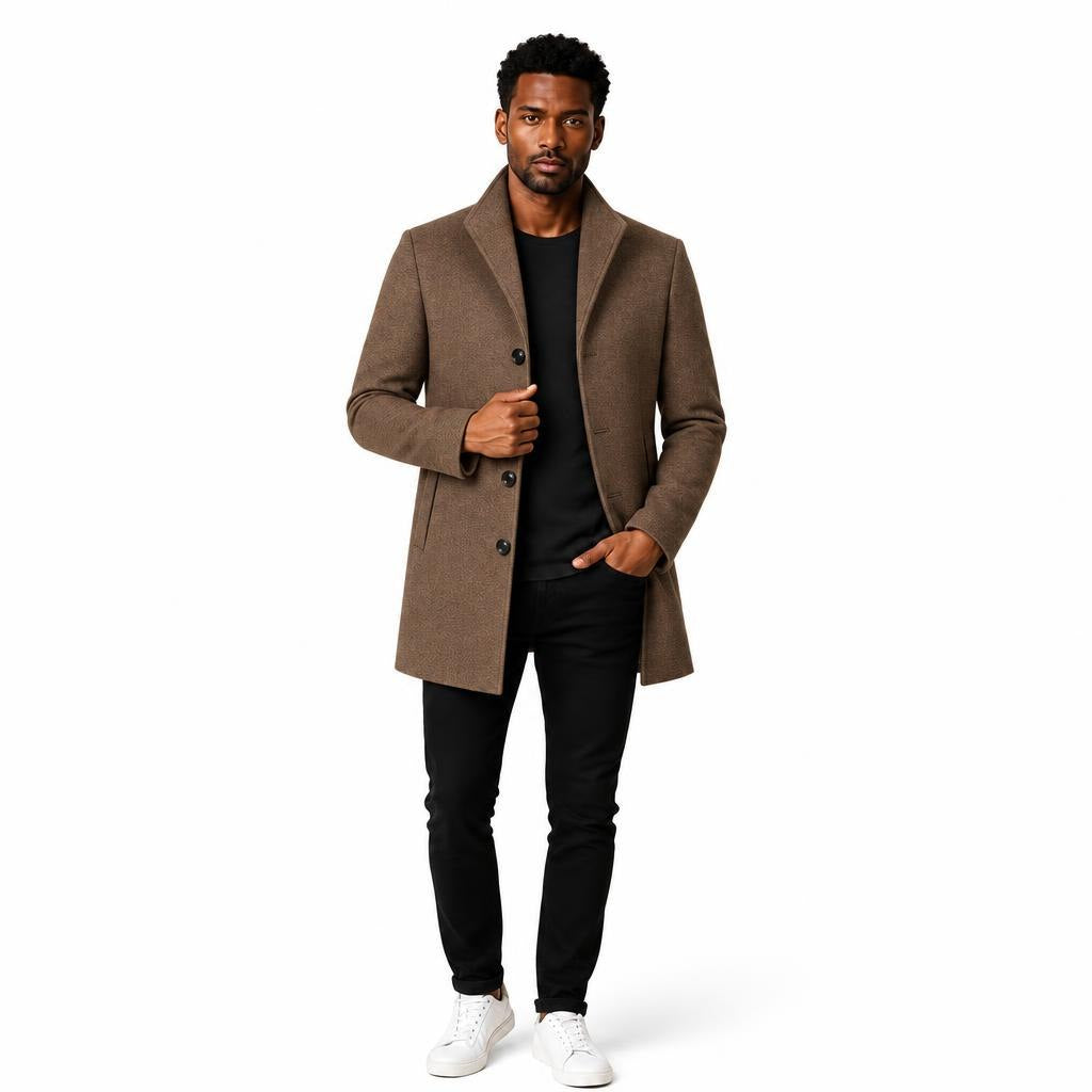 Men's Wool Overcoat Single-Breasted with Front Pockets and Lapel Collar