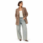 Women's Double-Breasted Jacket with Knitted Sleeves and Lapel Collar — Brown — view 1