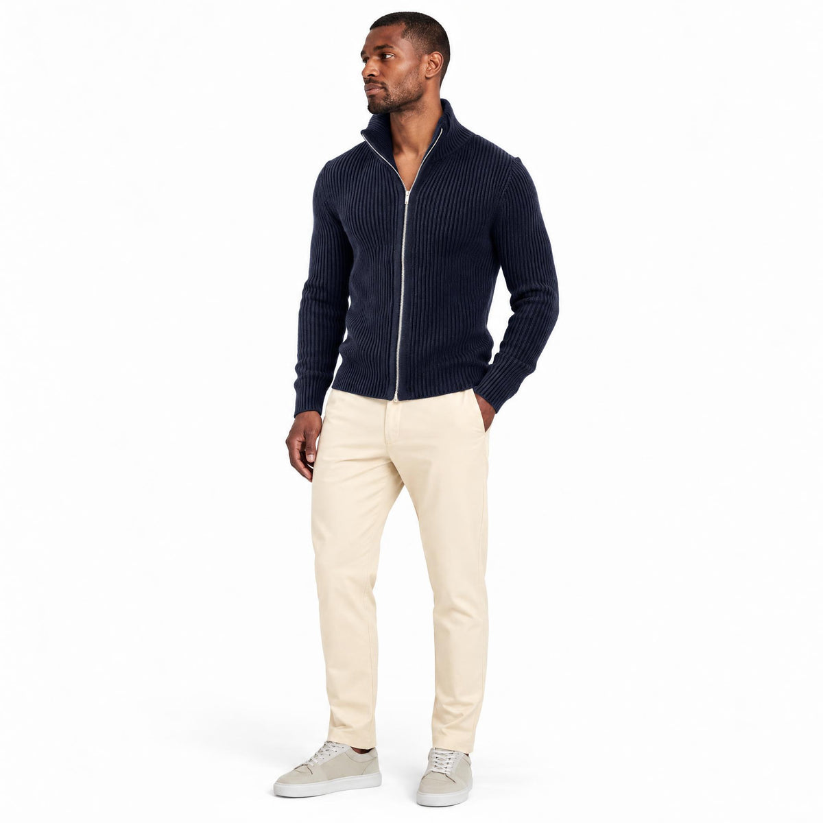 Men's Knit Zip-Up Cardigan with Turtleneck — Navy Blue — view 2