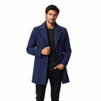 Men's Wool Longline Coat with Front Pockets, Lapel Collar and Button Front — Navy Blue — view 1