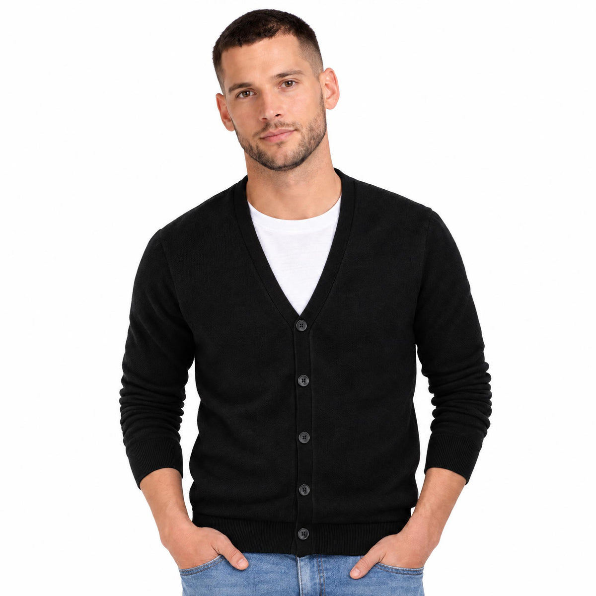 Men's Knit Cardigan with Button Front and V-Neck — Black — view 1