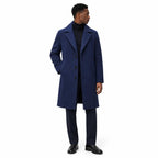 Men's Wool Longline Coat with Front Pockets, Lapel Collar and Button Front — Navy Blue — view 2