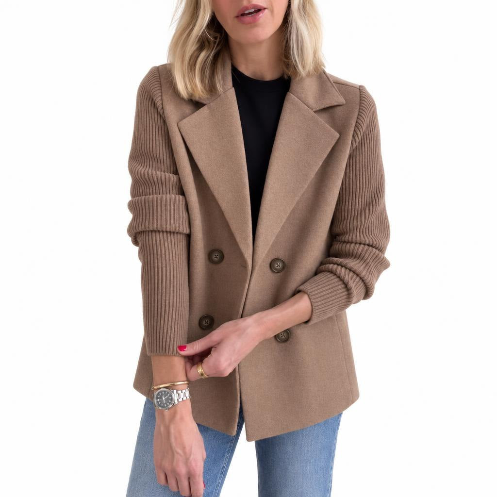 Women's Double-Breasted Jacket with Knitted Sleeves and Lapel Collar — Brown — view 2