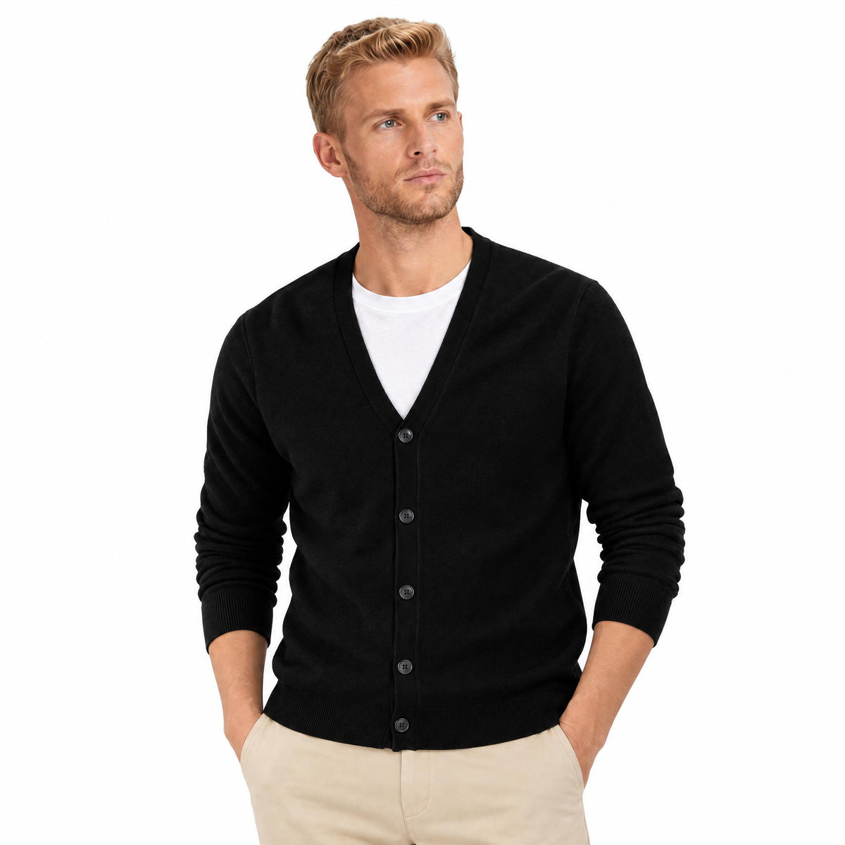 Men's Knit Cardigan with Button Front and V-Neck — Black — view 2