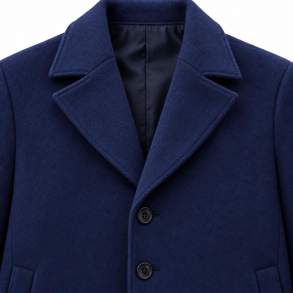Men's Wool Longline Coat with Front Pockets, Lapel Collar and Button Front — Navy Blue — view 12