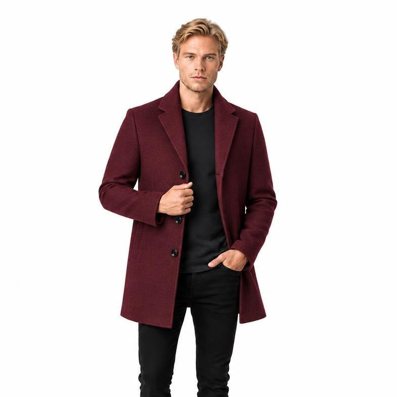 Men's Wool Single-Breasted Coat with Front Pockets and Lapel Collar — Wine Red — view 1