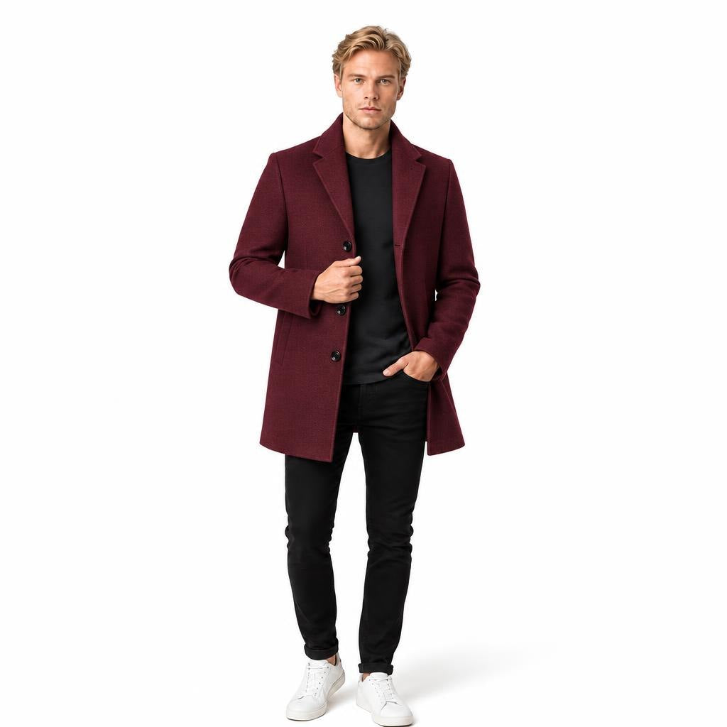 Men's Wool Overcoat Single-Breasted with Front Pockets and Lapel Collar