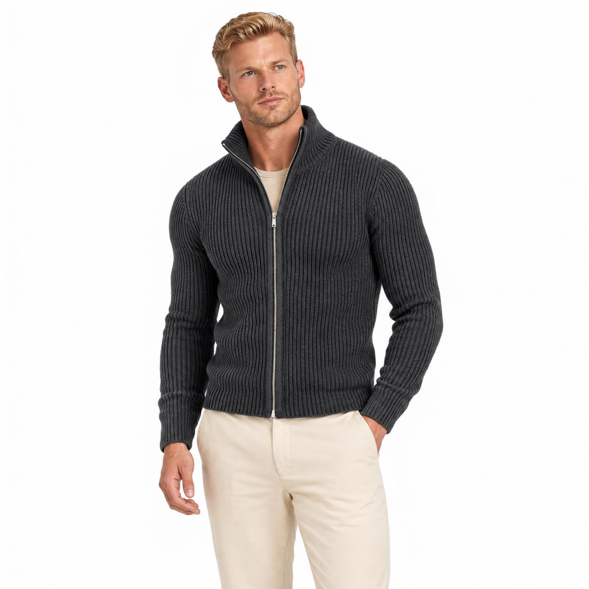 Men's Knit Zip-Up Cardigan with Turtleneck — Dark Grey — view 2