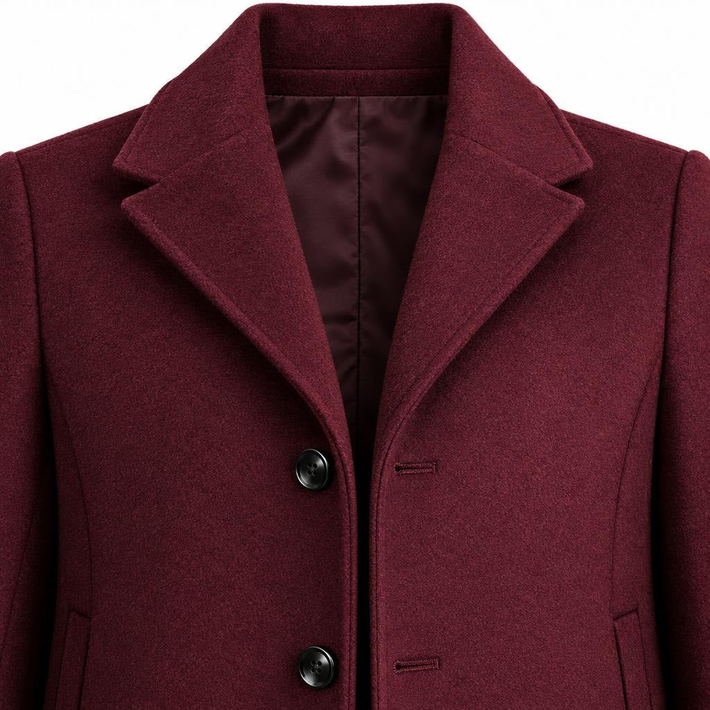 Men's Wool Single-Breasted Coat with Front Pockets and Lapel Collar — Wine Red — view 15