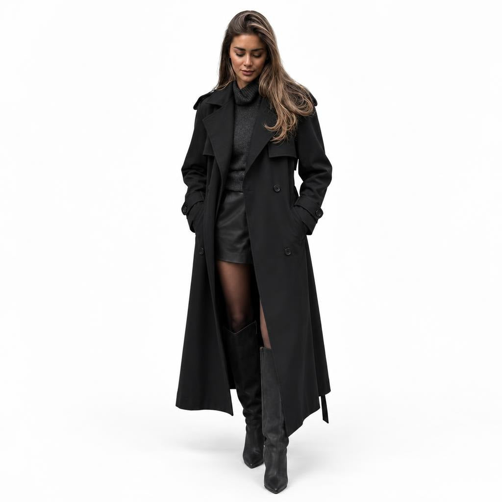 Women's Wool Double-Breasted Overcoat with Lapel Collar — Black Coat — view 2