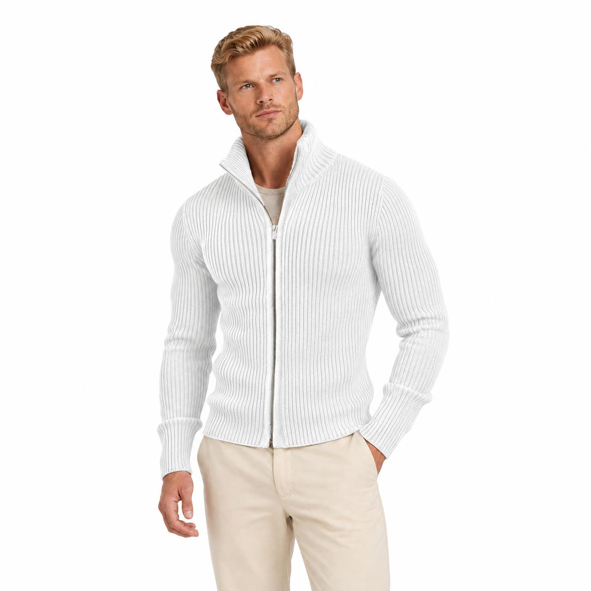 Men's Knit Zip-Up Cardigan with Turtleneck — White — view 2