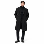 Men's Wool Longline Coat with Front Pockets, Lapel Collar and Button Front — Black — view 2