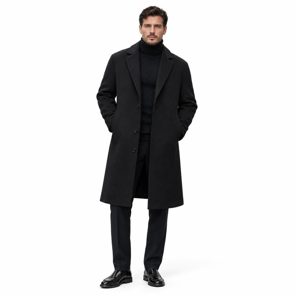 Men's Wool Longline Coat with Front Pockets, Lapel Collar and Button Front — Black — view 2