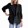 Women's Double-Breasted Jacket with Knitted Sleeves and Lapel Collar — Black — view 2
