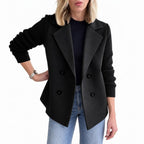 Women's Double-Breasted Jacket with Knitted Sleeves and Lapel Collar — Black — view 2