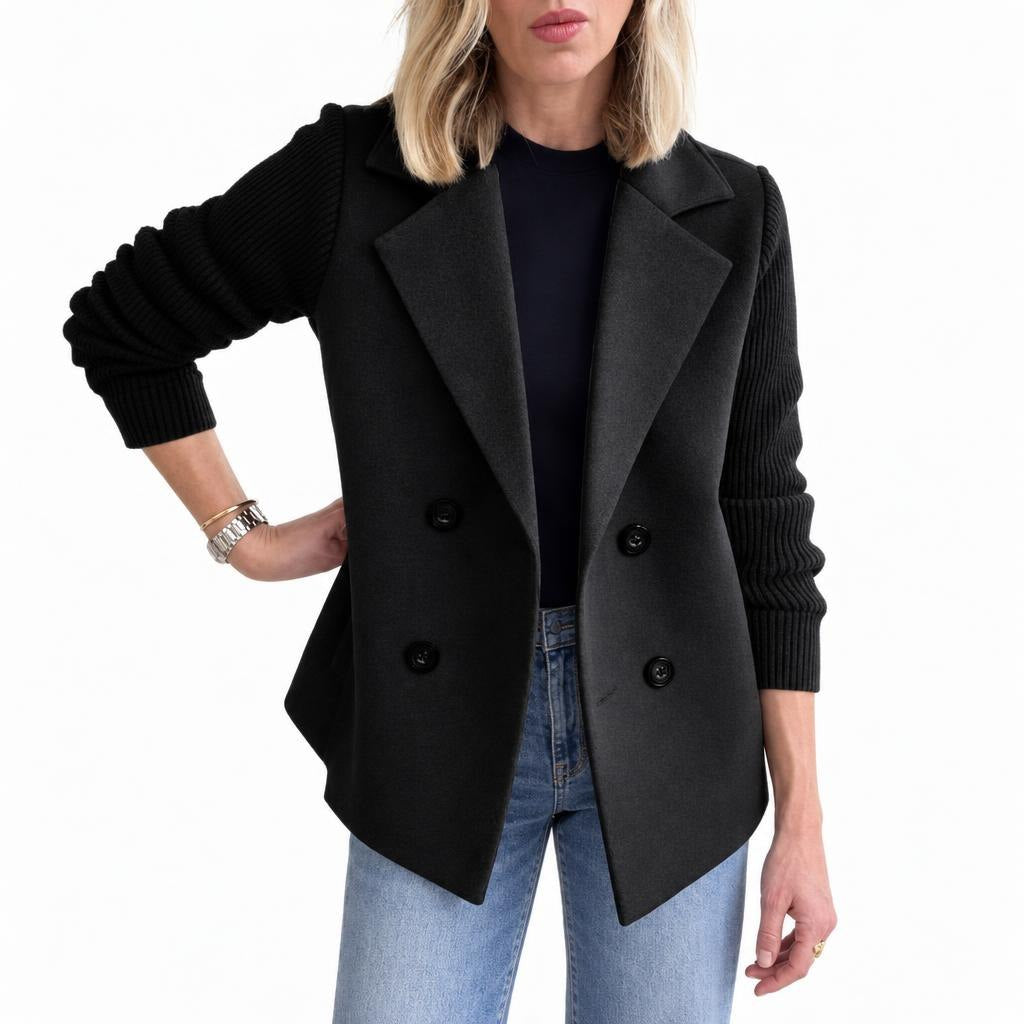 Women's Double-Breasted Jacket with Knitted Sleeves and Lapel Collar — Black — view 2