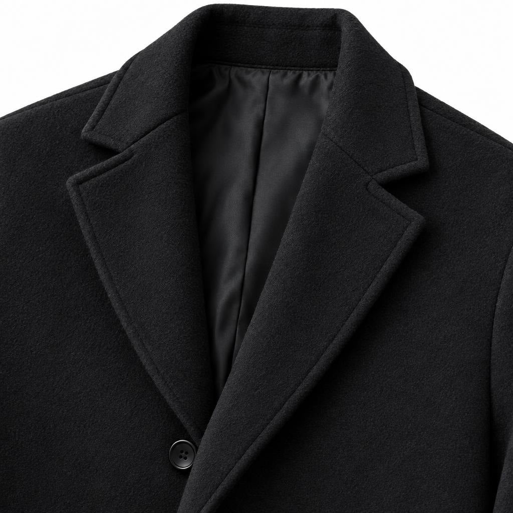Men's Wool Longline Coat with Front Pockets, Lapel Collar and Button Front — Black — view 3