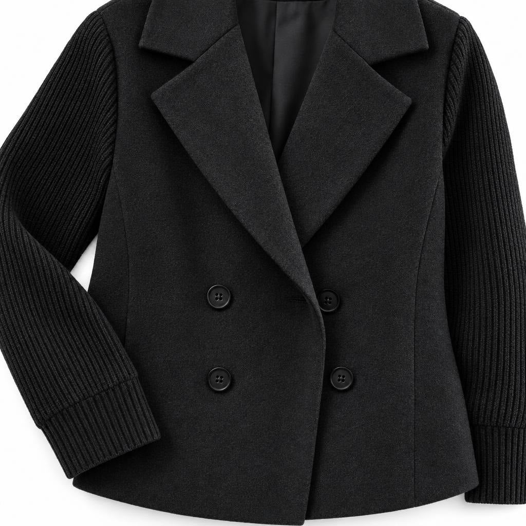 Women's Double-Breasted Jacket with Knitted Sleeves and Lapel Collar — Black — view 4