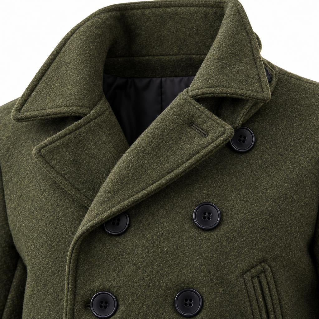 Men's Double-Breasted Coat with Front Pockets, Stand Collar and Lapel Collar — Green — view 4